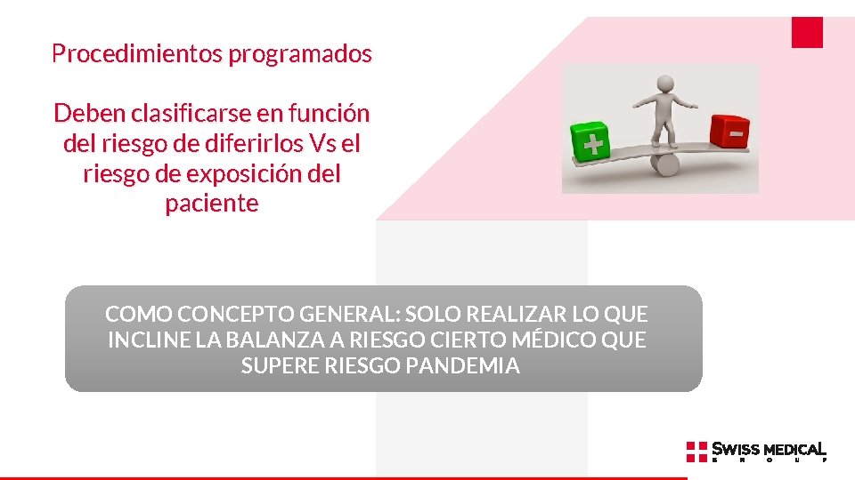 Procedimientos programados Deben clasificarse en función del riesgo de diferirlos Vs el riesgo de