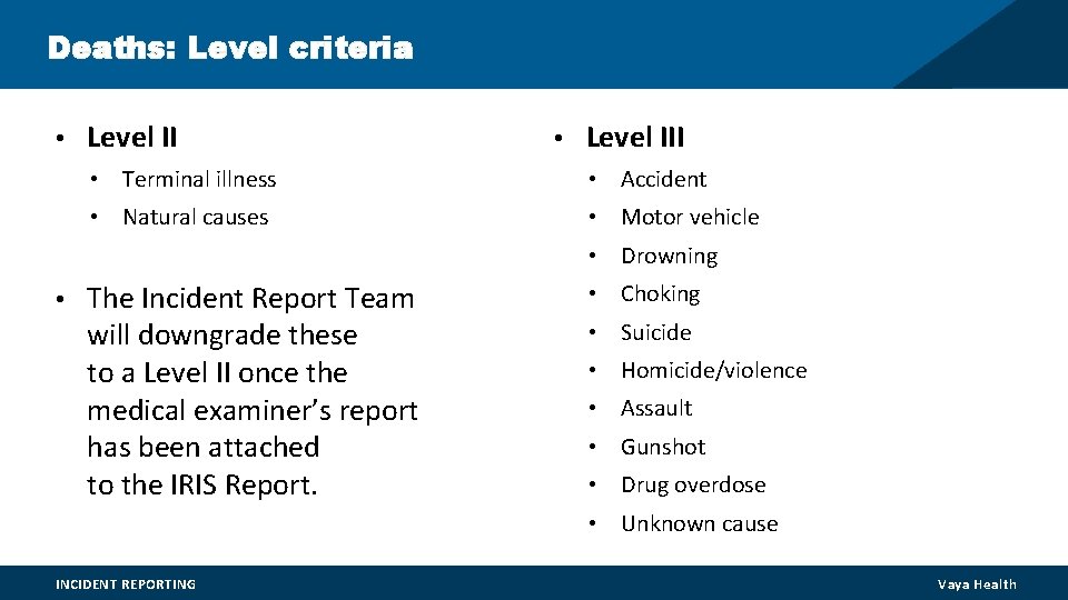 Deaths: Level criteria • Level III • Terminal illness • Accident • Natural causes Deaths: Level criteria • Level III • Terminal illness • Accident • Natural causes
