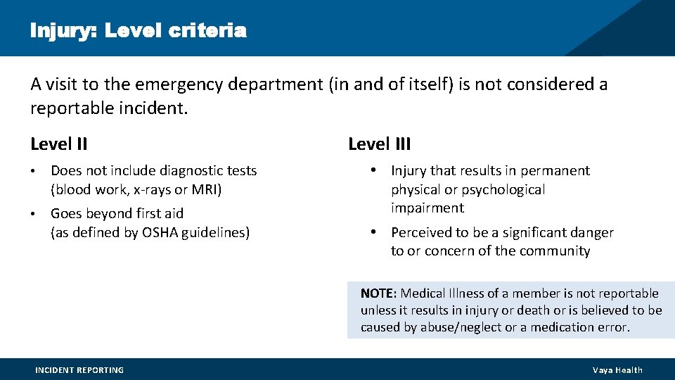 Injury: Level criteria A visit to the emergency department (in and of itself) is Injury: Level criteria A visit to the emergency department (in and of itself) is