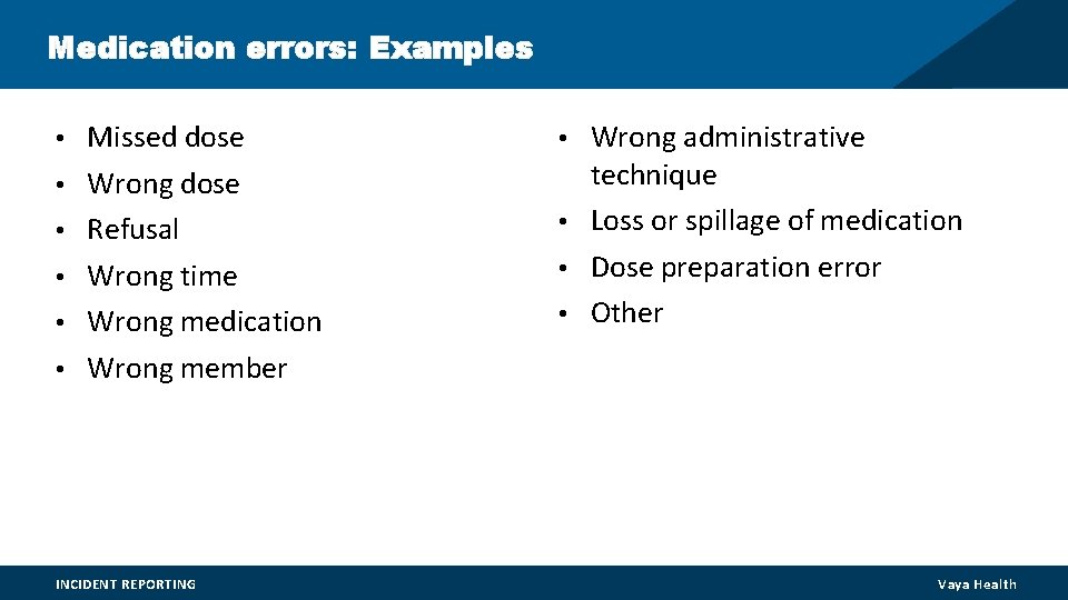 Medication errors: Examples • Missed dose • Wrong dose • Refusal • Wrong time Medication errors: Examples • Missed dose • Wrong dose • Refusal • Wrong time