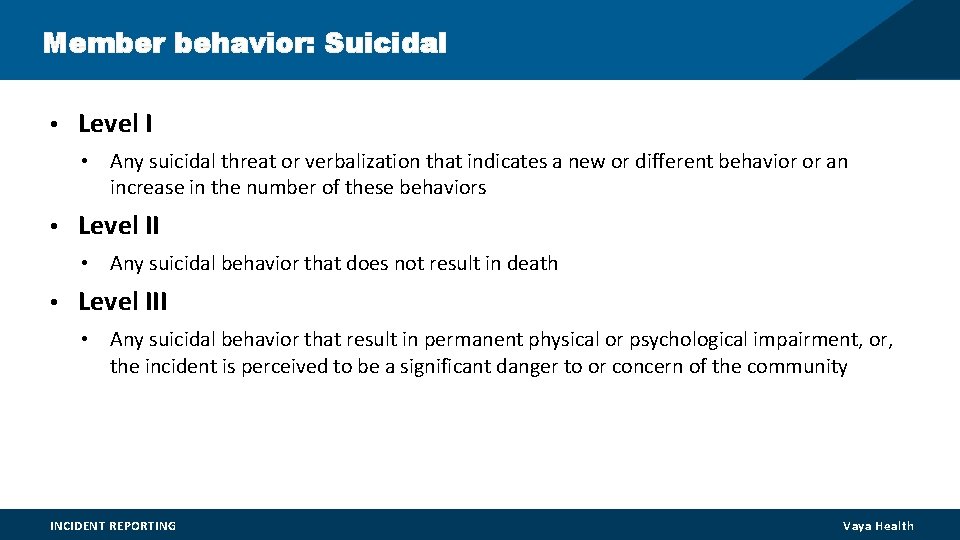 Member behavior: Suicidal • Level I • Any suicidal threat or verbalization that indicates Member behavior: Suicidal • Level I • Any suicidal threat or verbalization that indicates
