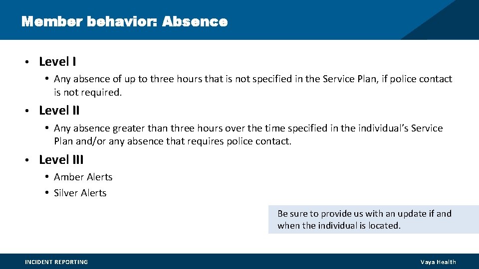 Member behavior: Absence • Level I • Any absence of up to three hours Member behavior: Absence • Level I • Any absence of up to three hours