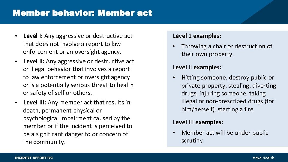Member behavior: Member act Level I: Any aggressive or destructive act that does not Member behavior: Member act Level I: Any aggressive or destructive act that does not
