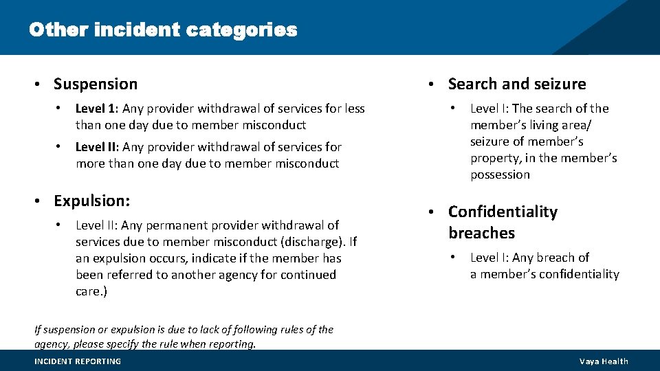 Other incident categories • Suspension • Level 1: Any provider withdrawal of services for Other incident categories • Suspension • Level 1: Any provider withdrawal of services for
