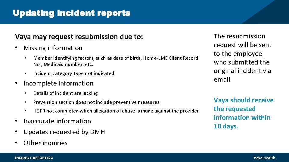 Updating incident reports Vaya may request resubmission due to: • Missing information • Member Updating incident reports Vaya may request resubmission due to: • Missing information • Member