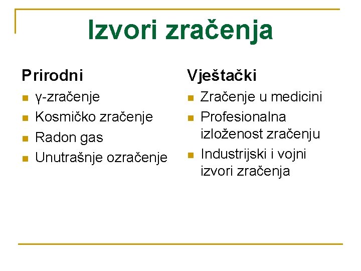 Izvori zračenja Prirodni n n γ-zračenje Kosmičko zračenje Radon gas Unutrašnje ozračenje Vještački n