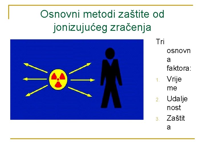 Osnovni metodi zaštite od jonizujućeg zračenja Tri 1. 2. 3. osnovn a faktora: Vrije