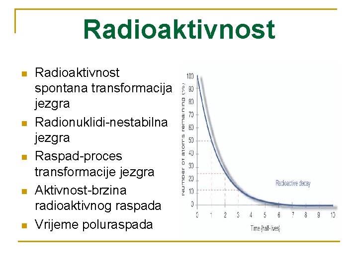 Radioaktivnost n n n Radioaktivnost spontana transformacija jezgra Radionuklidi-nestabilna jezgra Raspad-proces transformacije jezgra Aktivnost-brzina Radioaktivnost n n n Radioaktivnost spontana transformacija jezgra Radionuklidi-nestabilna jezgra Raspad-proces transformacije jezgra Aktivnost-brzina