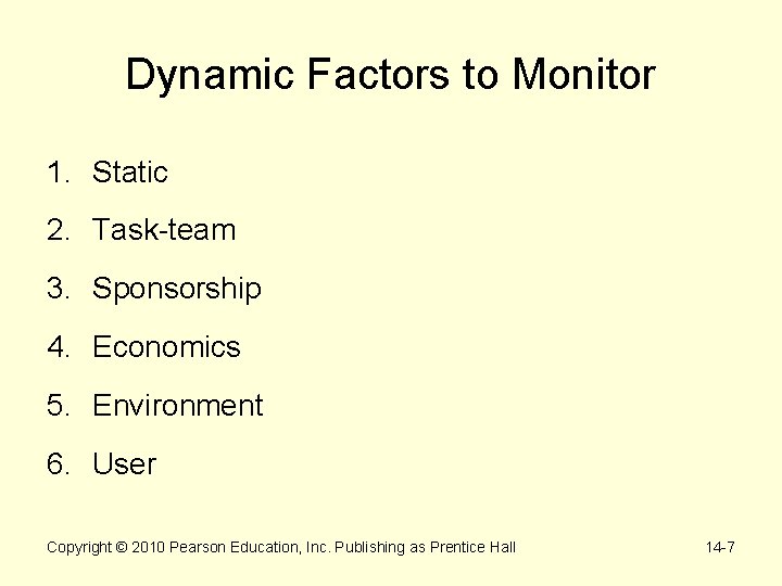 Dynamic Factors to Monitor 1. Static 2. Task-team 3. Sponsorship 4. Economics 5. Environment