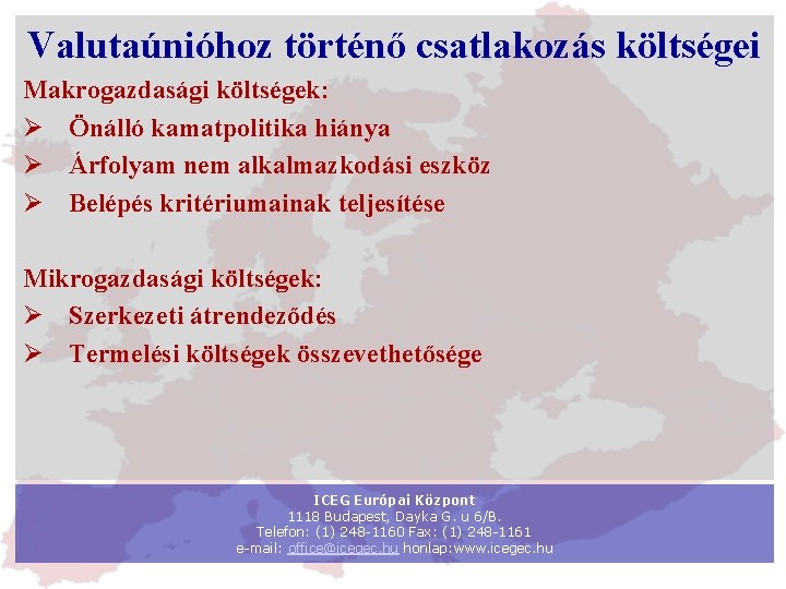 Valutaúnióhoz történő csatlakozás költségei Makrogazdasági költségek: Ø Önálló kamatpolitika hiánya Ø Árfolyam nem alkalmazkodási