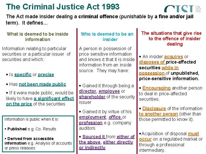 The Criminal Justice Act 1993 The Act made insider dealing a criminal offence (punishable