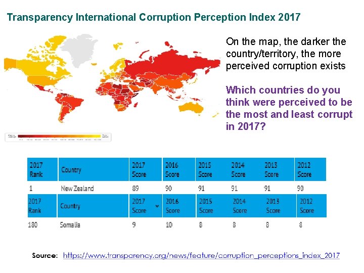 Transparency International Corruption Perception Index 2017 On the map, the darker the country/territory, the