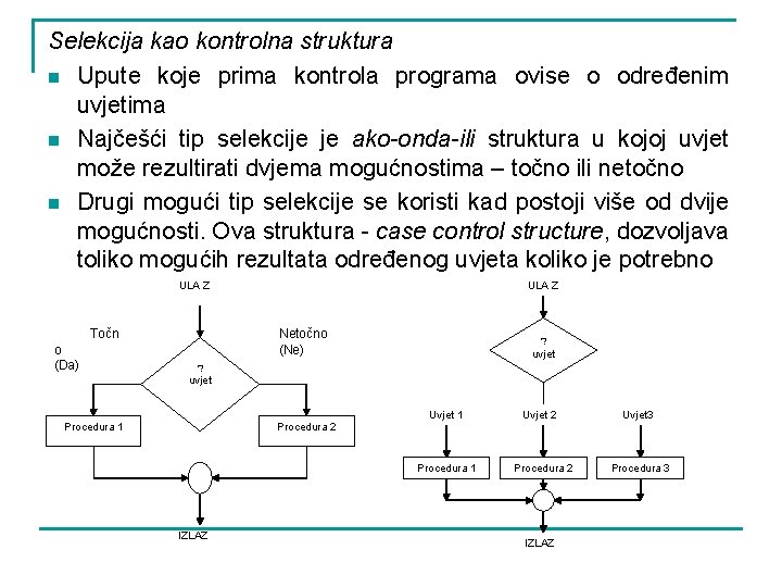 Selekcija kao kontrolna struktura n Upute koje prima kontrola programa ovise o određenim uvjetima