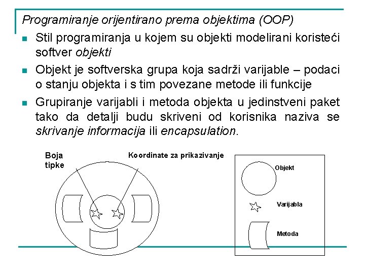 Programiranje orijentirano prema objektima (OOP) n Stil programiranja u kojem su objekti modelirani koristeći