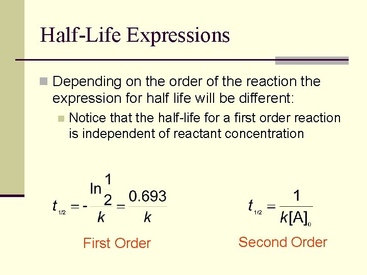 Half-Life Expressions n Depending on the order of the reaction the expression for half