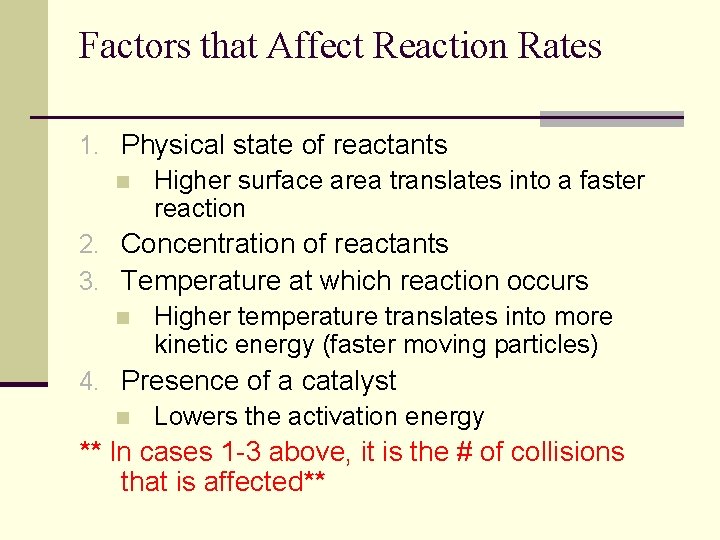 Factors that Affect Reaction Rates 1. Physical state of reactants n Higher surface area