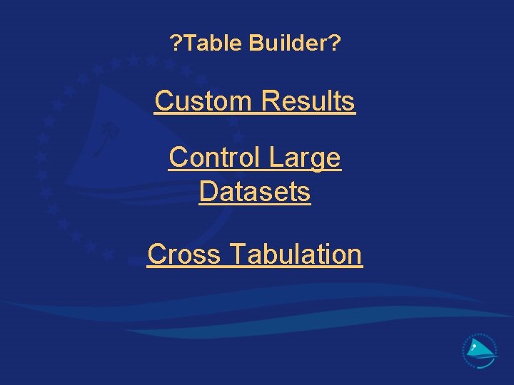 ? Table Builder? Custom Results Control Large Datasets Cross Tabulation 