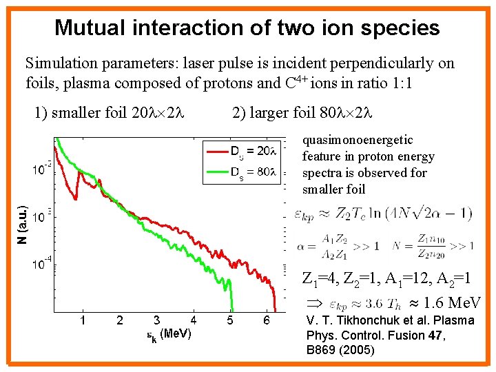 Mutual interaction of two ion species Simulation parameters: laser pulse is incident perpendicularly on