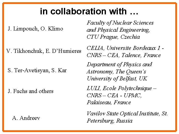 in collaboration with … J. Limpouch, O. Klimo Faculty of Nuclear Sciences and Physical