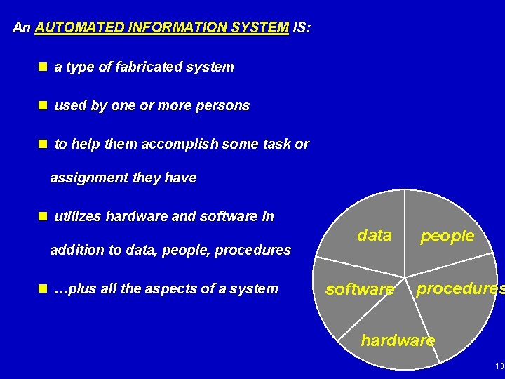 An AUTOMATED INFORMATION SYSTEM IS: n a type of fabricated system n used by