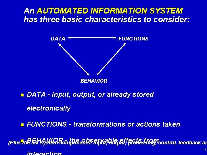 An AUTOMATED INFORMATION SYSTEM has three basic characteristics to consider: DATA FUNCTIONS BEHAVIOR n