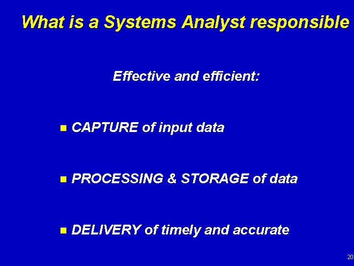 What is a Systems Analyst responsible f Effective and efficient: n CAPTURE of input