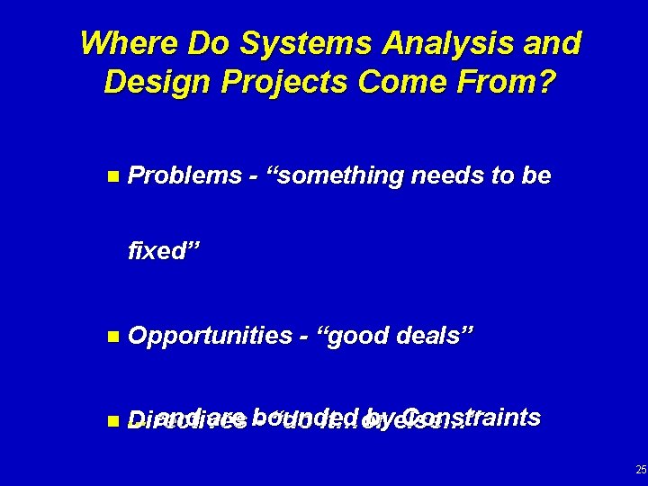 Where Do Systems Analysis and Design Projects Come From? n Problems - “something needs