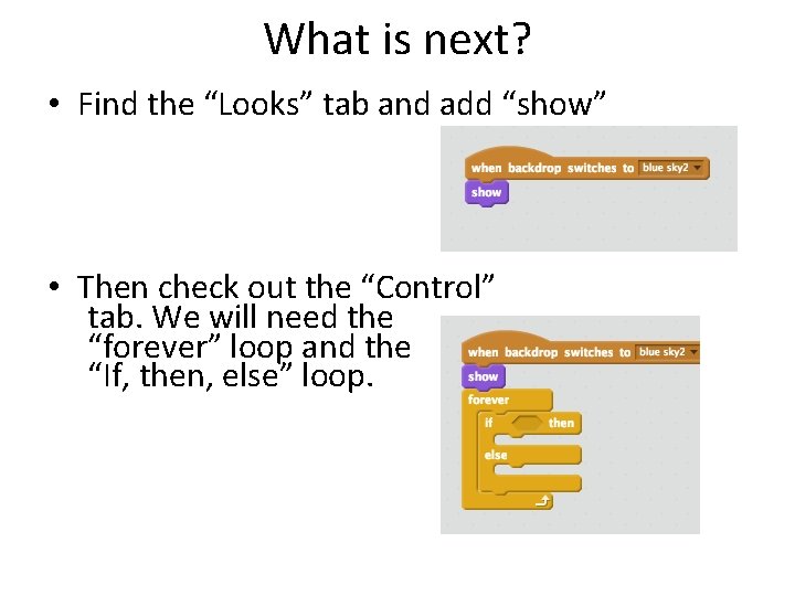What is next? • Find the “Looks” tab and add “show” • Then check
