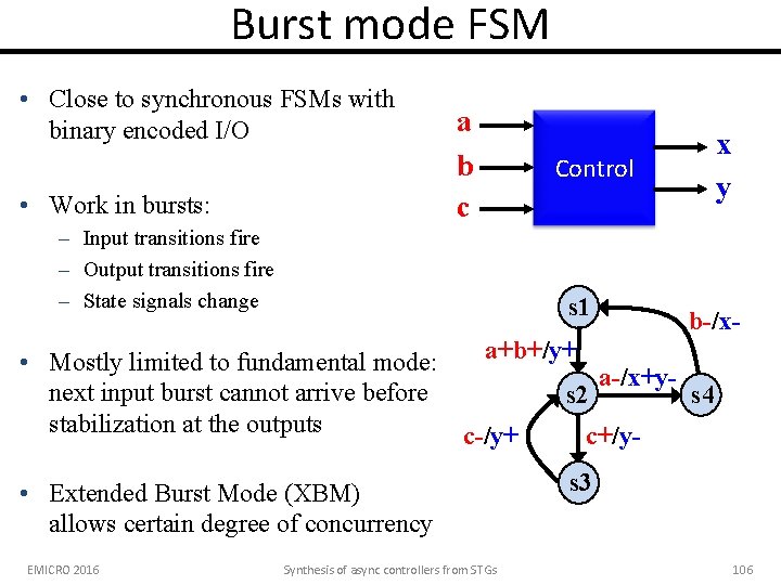 Burst mode FSM • Close to synchronous FSMs with binary encoded I/O • Work