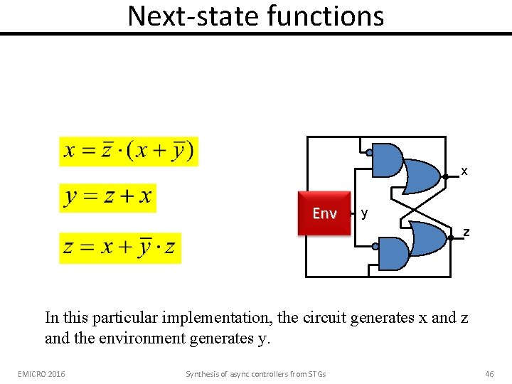 Next-state functions x Env y z In this particular implementation, the circuit generates x