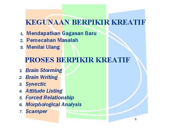 KEGUNAAN BERPIKIR KREATIF 1. 2. 3. Mendapatkan Gagasan Baru Pemecahan Masalah Menilai Ulang PROSES
