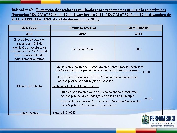 Indicador 49 - Proporção de escolares examinados para tracoma nos municípios prioritários (Portarias MS/GM