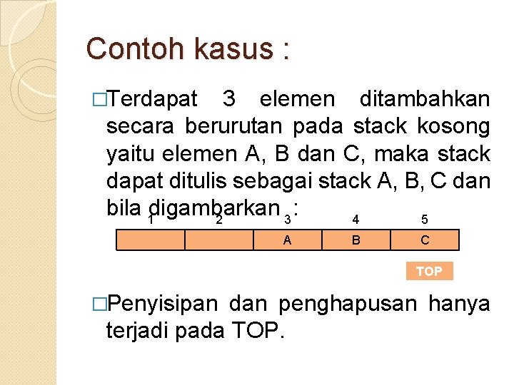 Contoh kasus : �Terdapat 3 elemen ditambahkan secara berurutan pada stack kosong yaitu elemen