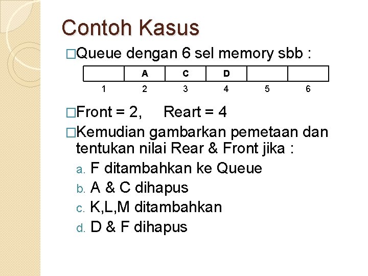 Contoh Kasus �Queue 1 �Front dengan 6 sel memory sbb : A C D