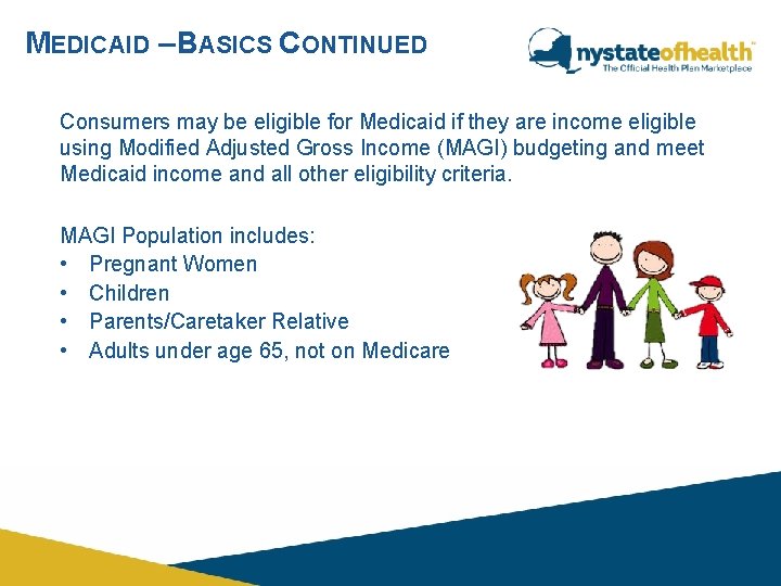 MEDICAID – BASICS CONTINUED Consumers may be eligible for Medicaid if they are income