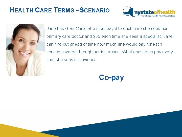 HEALTH CARE TERMS - SCENARIO Jane has Good. Care. She must pay $15 each