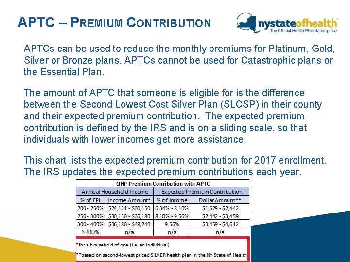 APTC – PREMIUM CONTRIBUTION APTCs can be used to reduce the monthly premiums for