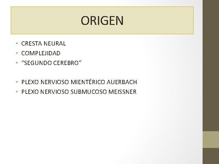 ORIGEN • CRESTA NEURAL • COMPLEJIDAD • “SEGUNDO CEREBRO” • PLEXO NERVIOSO MIENTÉRICO AUERBACH