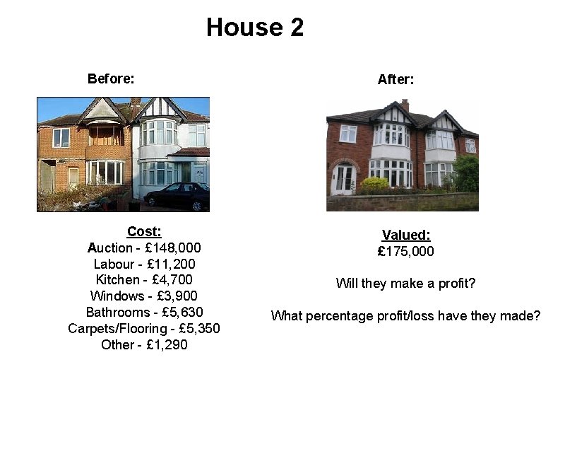 House 2 Before: Cost: Auction - £ 148, 000 Labour - £ 11, 200