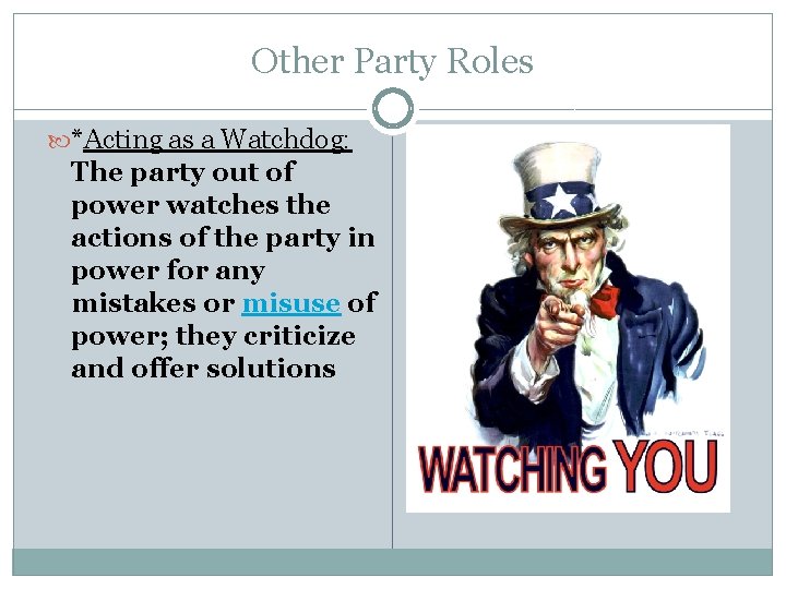 Other Party Roles *Acting as a Watchdog: The party out of power watches the
