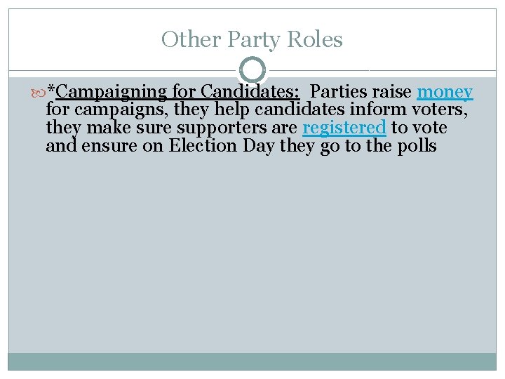 Other Party Roles *Campaigning for Candidates: Parties raise money for campaigns, they help candidates