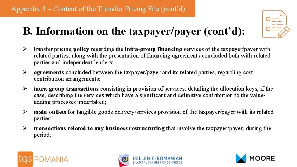 Appendix 3 – Content of the Transfer Pricing File (cont’d): B. Information on the