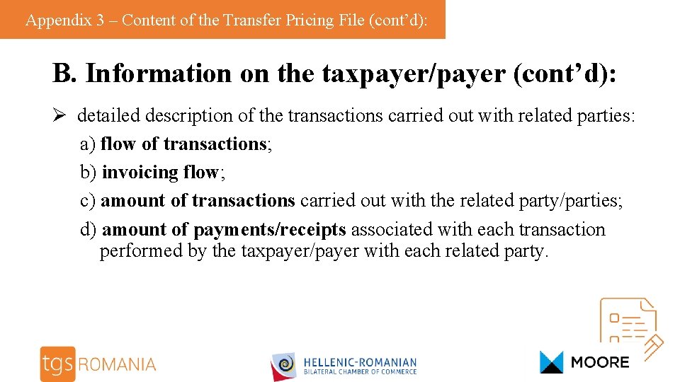 Appendix 3 – Content of the Transfer Pricing File (cont’d): B. Information on the