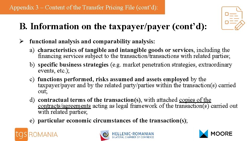 Appendix 3 – Content of the Transfer Pricing File (cont’d): B. Information on the