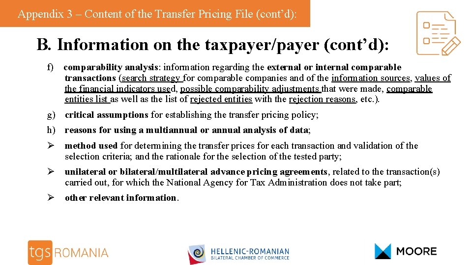 Appendix 3 – Content of the Transfer Pricing File (cont’d): B. Information on the