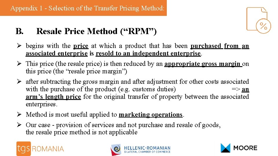 Appendix 1 - Selection of the Transfer Pricing Method: B. Resale Price Method (“RPM”)