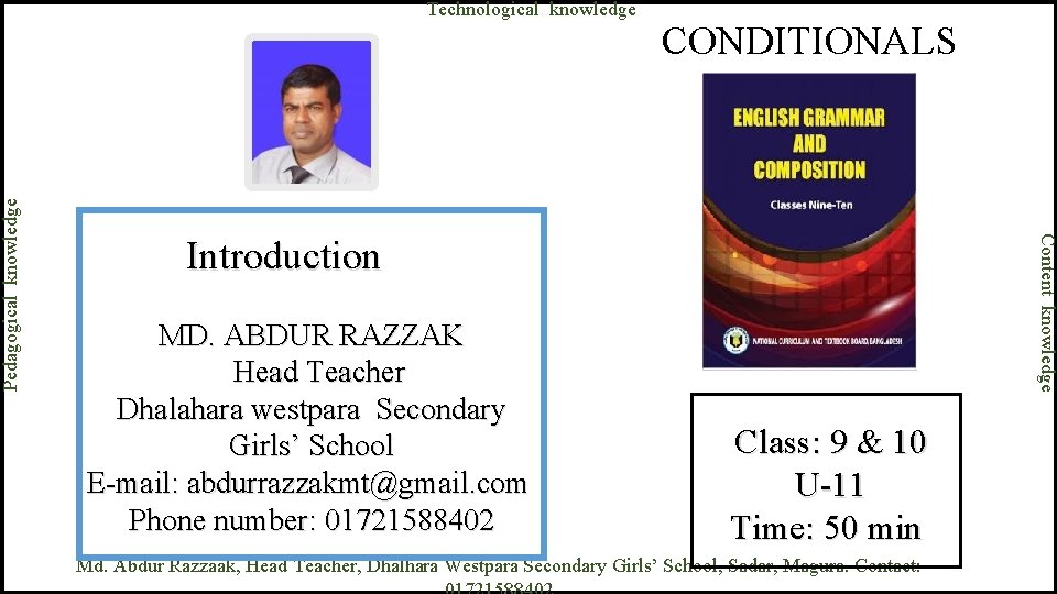 CONDITIONALS Content knowledge Pedagogical knowledge Technological knowledge Introduction MD. ABDUR RAZZAK Head Teacher Dhalahara