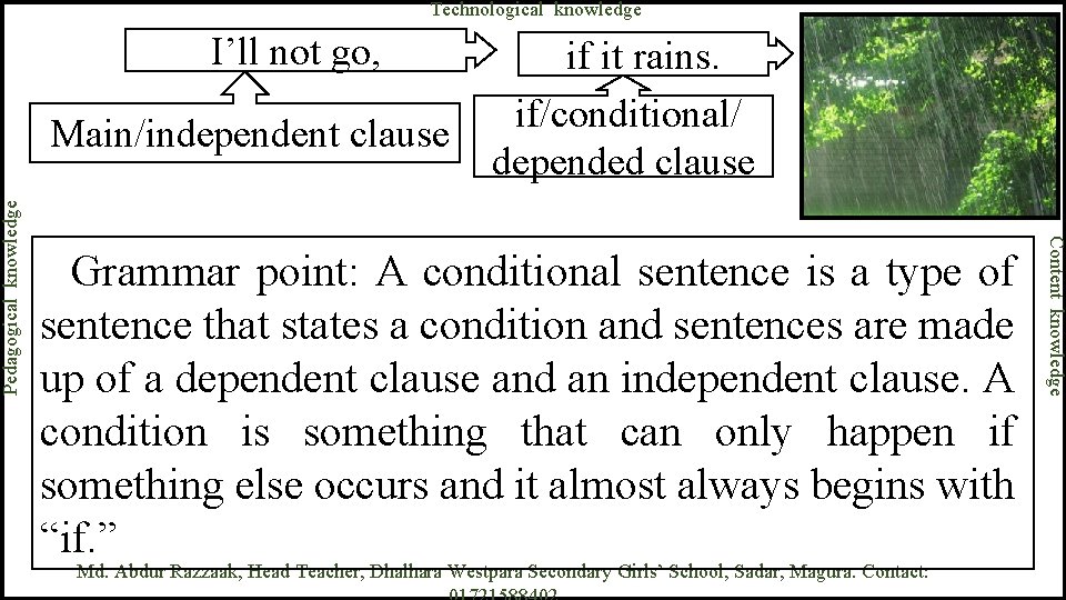 I’ll not go, Main/independent clause if it rains. if/conditional/ depended clause Grammar point: A