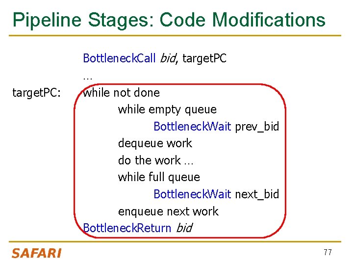 Pipeline Stages: Code Modifications target. PC: Bottleneck. Call bid, target. PC … while not