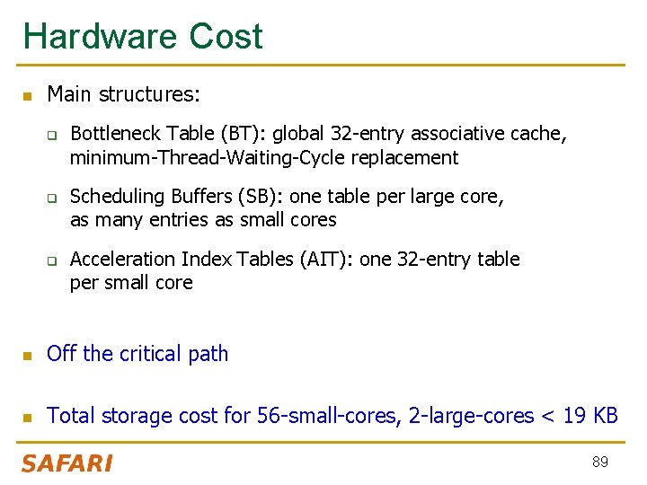 Hardware Cost n Main structures: q q q Bottleneck Table (BT): global 32 -entry